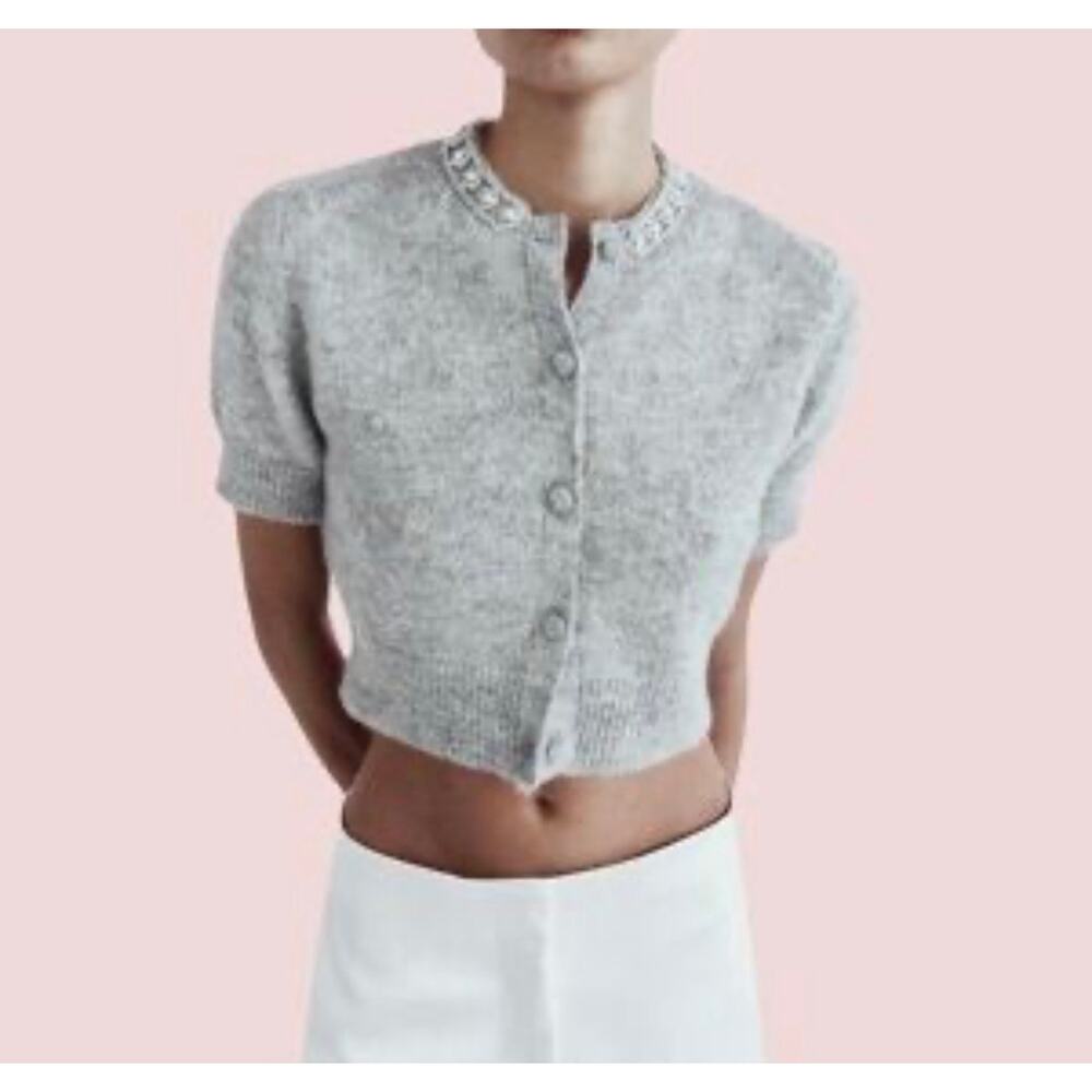 NWT Zara Gray Short Sleeve Cardigan with Embellished Collar Small